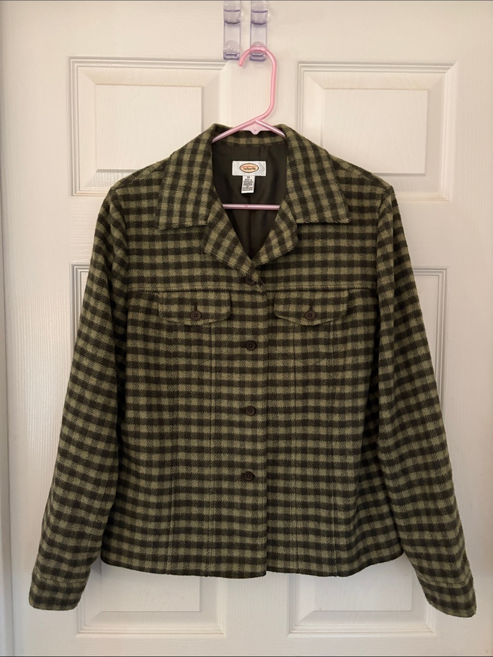 Vintage-Inspired Talbots Size 14 Women’s Olive Plaid Button-Up Jacket.